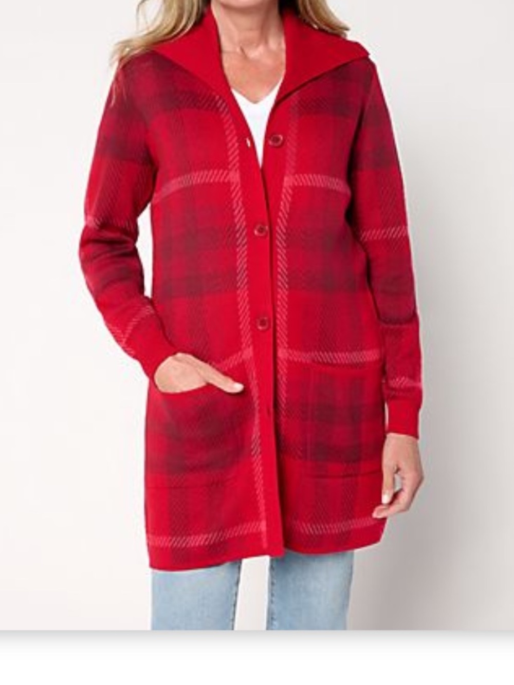 Denim & Co. Regular
Button Front Sweater
Tunic Cardigan-Apple Red Plaid